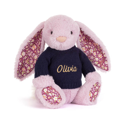 Jellycat Thistlepop Blossom Luxe Bunny with Personalized Navy Jumper