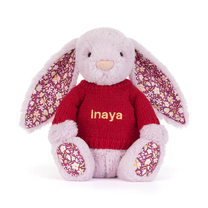 Jellycat Thistlepop Blossom Luxe Bunny with Personalized Red Jumper