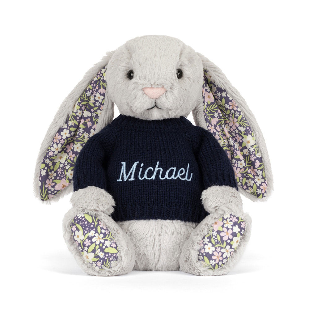 Jellycat Blossom Silver Bunny 'Bloom' with Personalized Navy Jumper