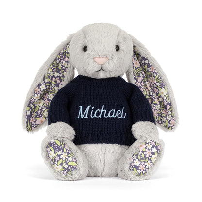 Jellycat Blossom Silver Bunny 'Bloom' with Personalized Navy Jumper