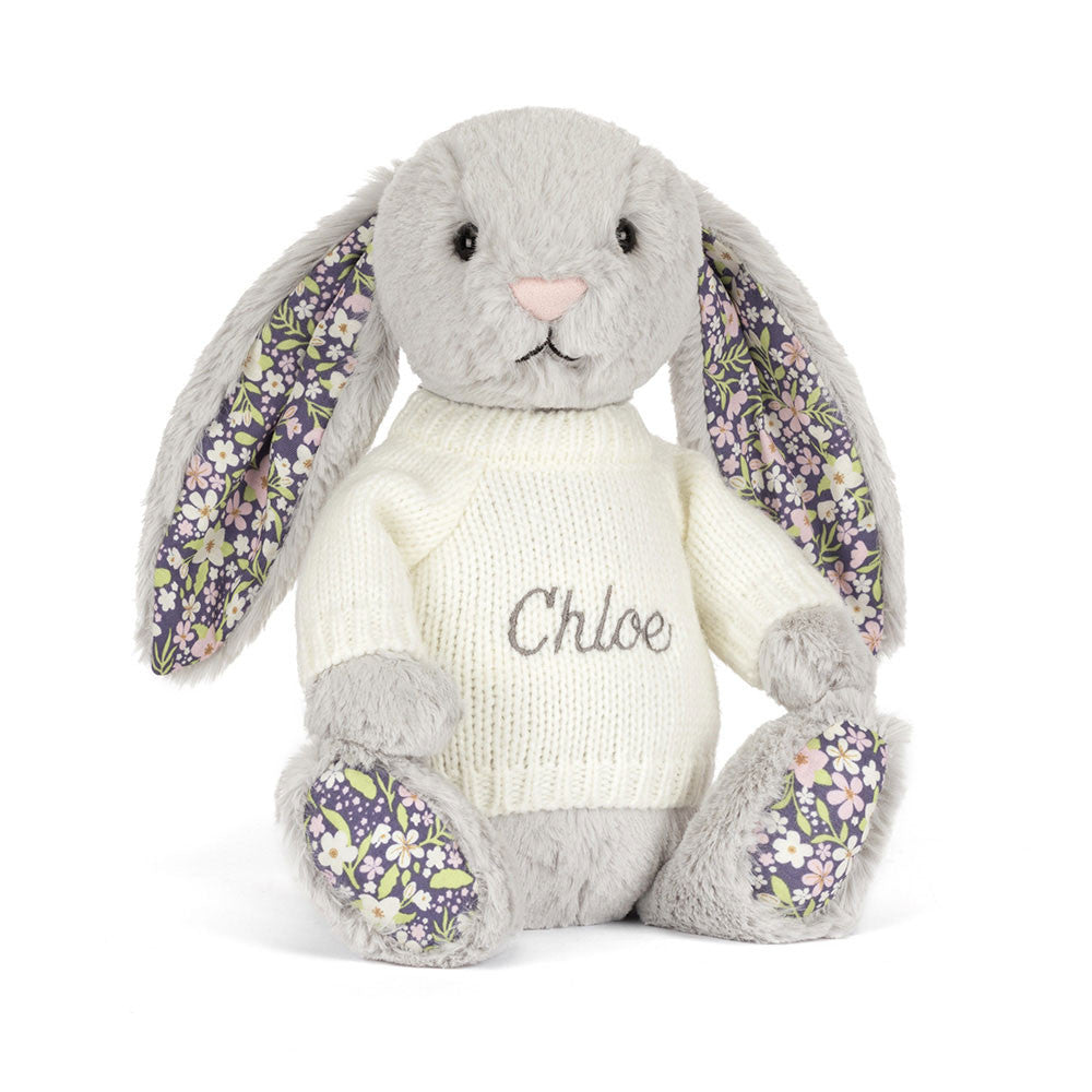 Jellycat Blossom Silver Bunny 'Bloom' with Personalized Cream Jumper