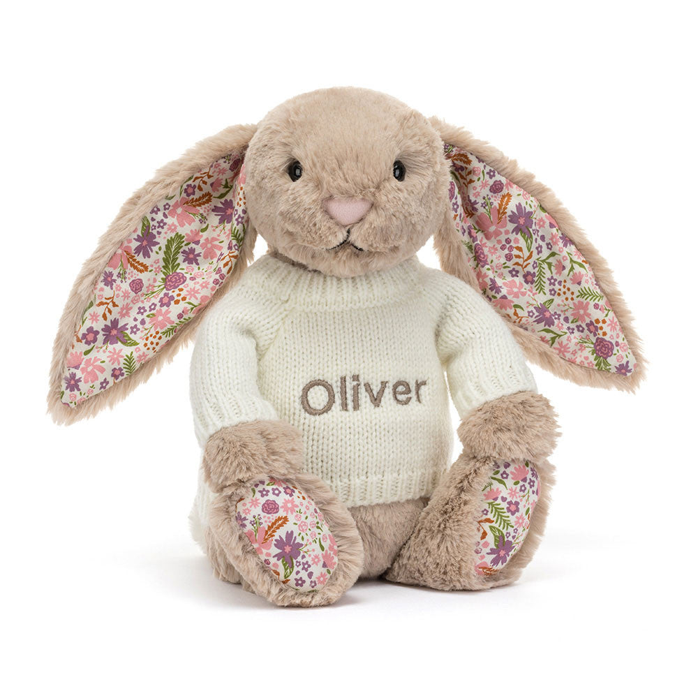 Jellycat Blossom Beige Bunny 'Petal' with Personalized Cream Jumper