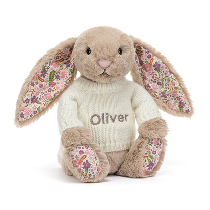 Jellycat Blossom Beige Bunny 'Petal' with Personalized Cream Jumper