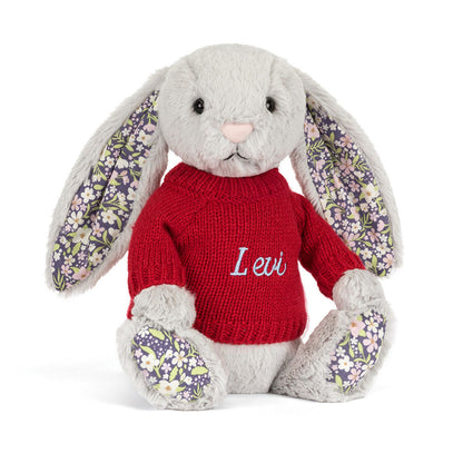 Jellycat Blossom Silver Bunny 'Bloom' with Personalized Red Jumper
