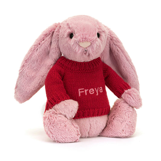 Jellycat Bashful Tulip Pink Bunny with Personalized Red Jumper