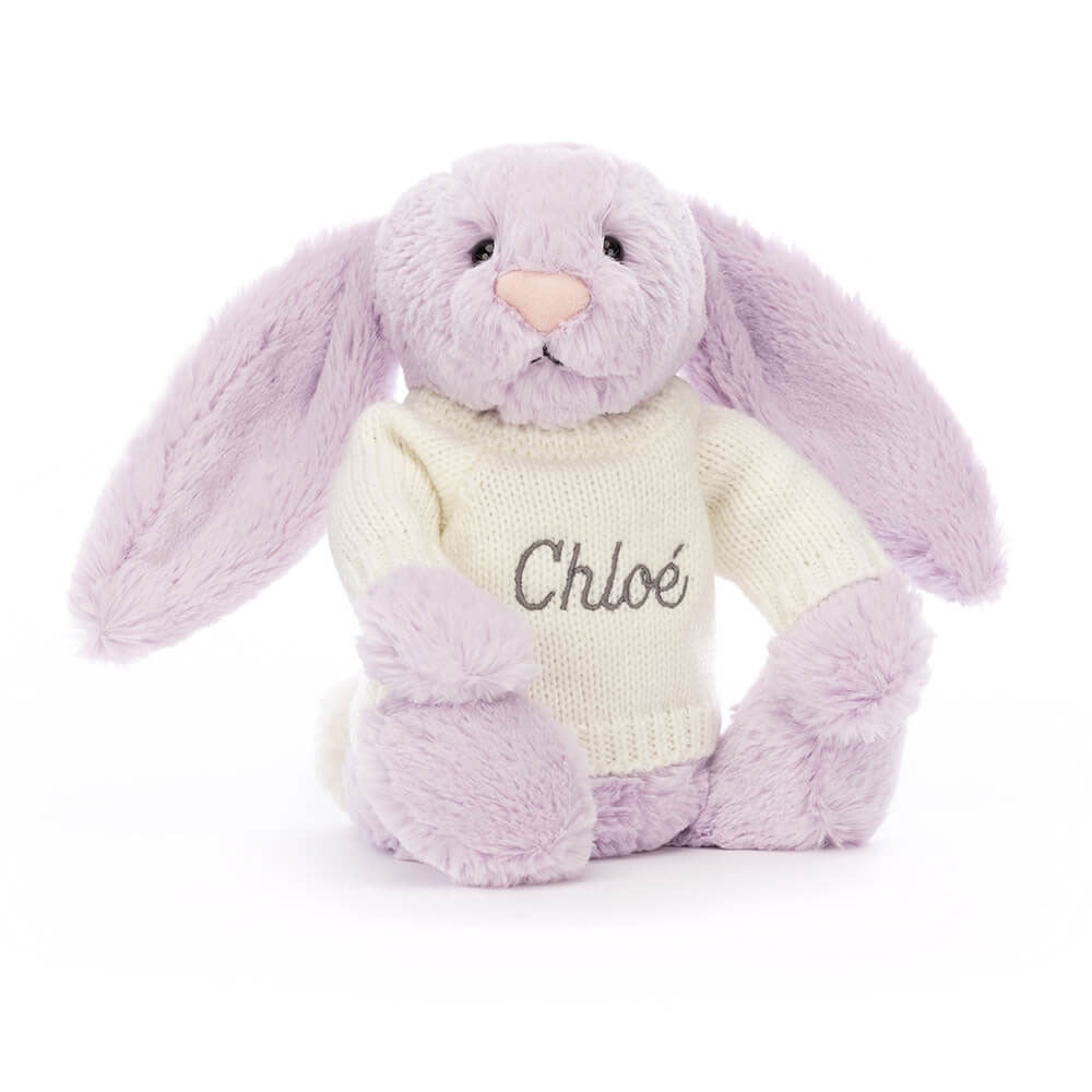 Jellycat Bashful Lilac Bunny with Personalized Cream Jumper
